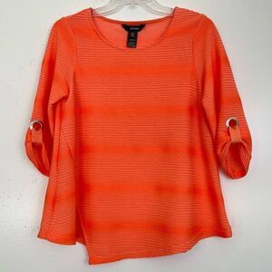 Ali Miles Bright Orange Lagenlook Blouse Medium PM Striped 3/4 Sleeve Asymmetric